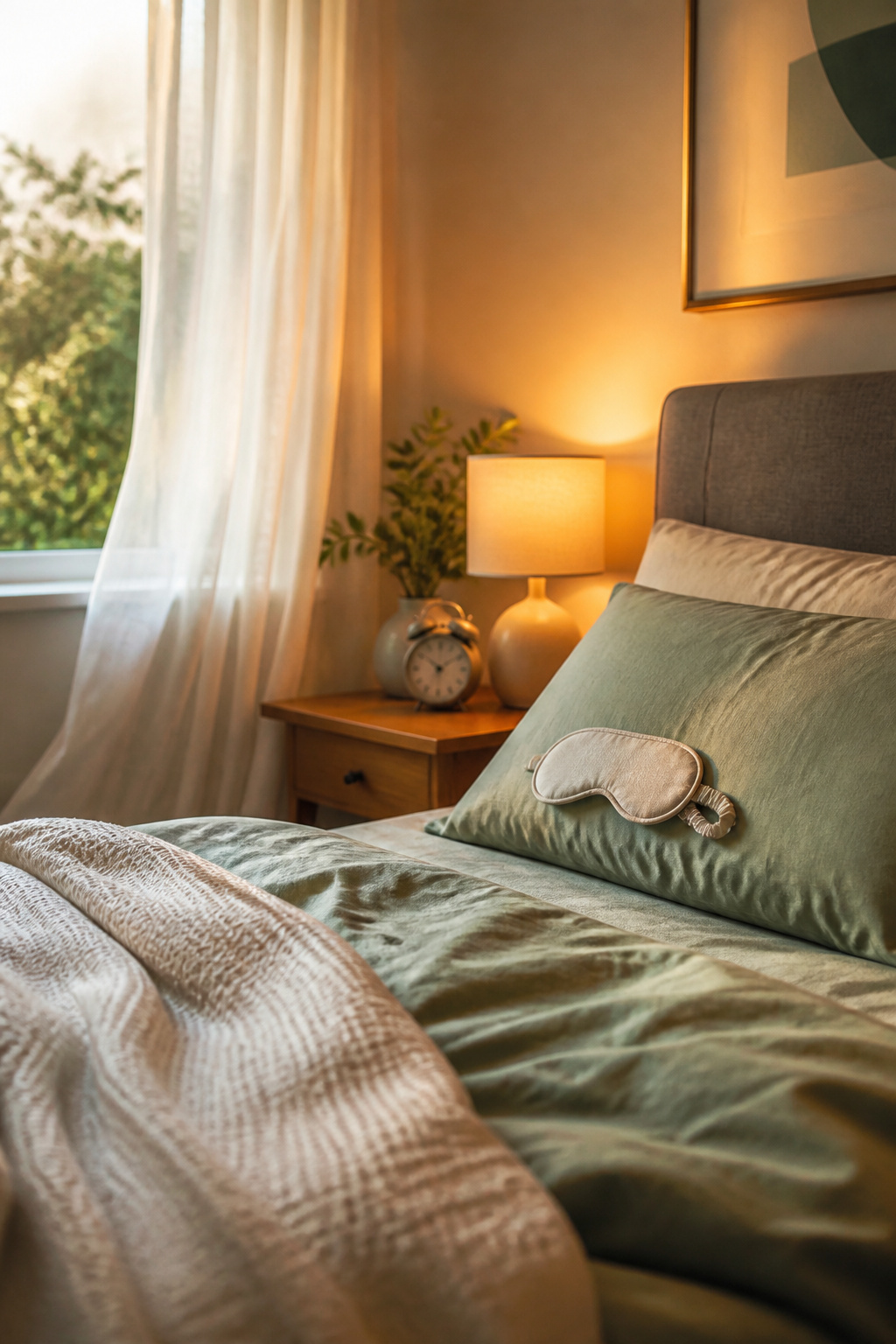 A neatly arranged bedroom with soft bedding and a sleep mask.