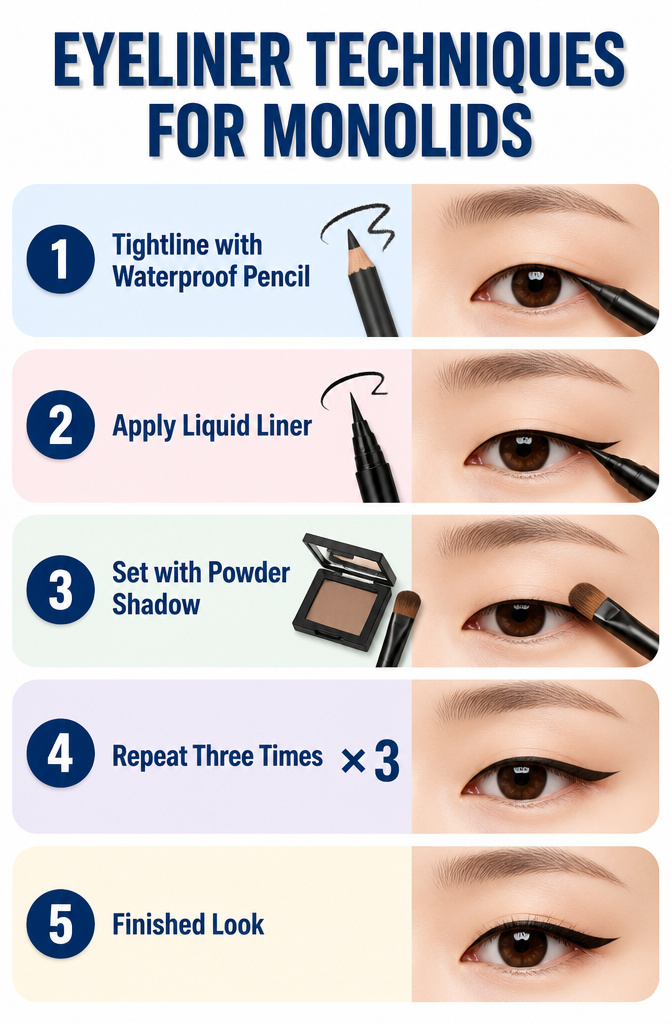 Monolid eye demonstrating layered eyeliner techniques for durability.