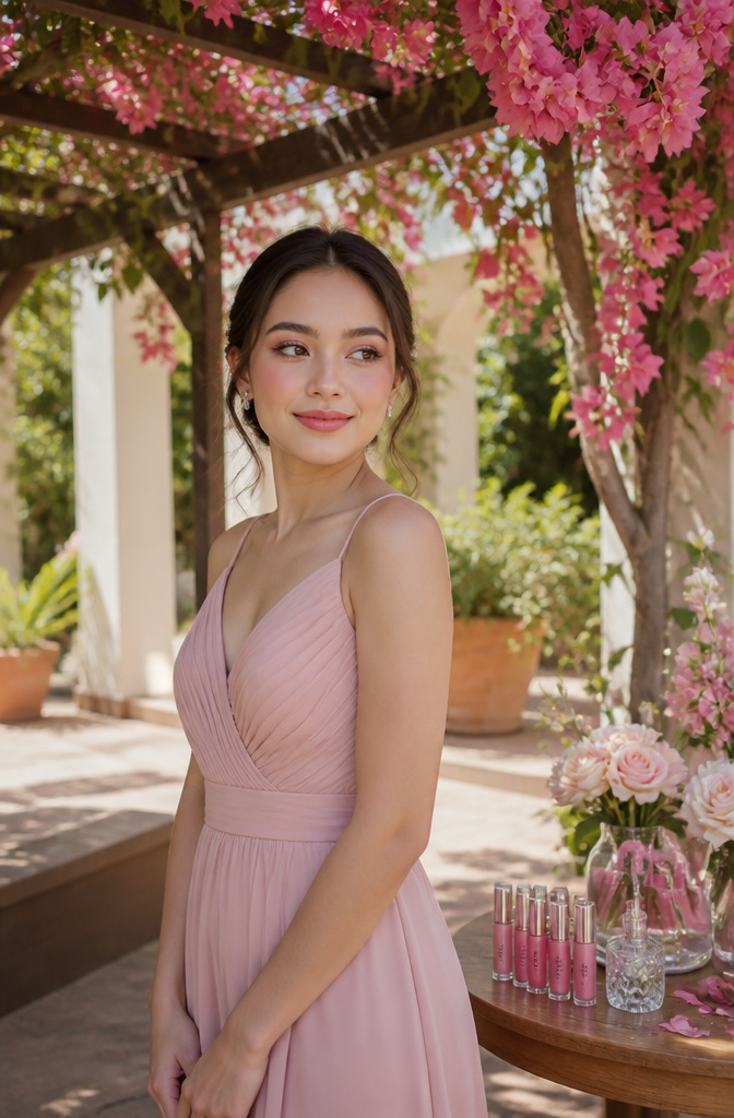 Bridesmaid with pink makeup under a flowering trellis.