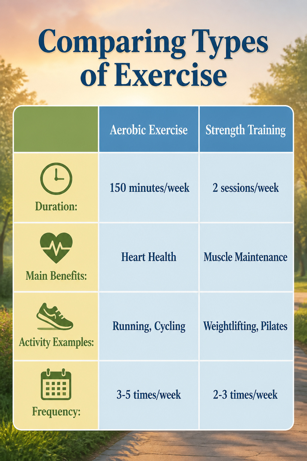 A chart displaying various types of exercise and their benefits.