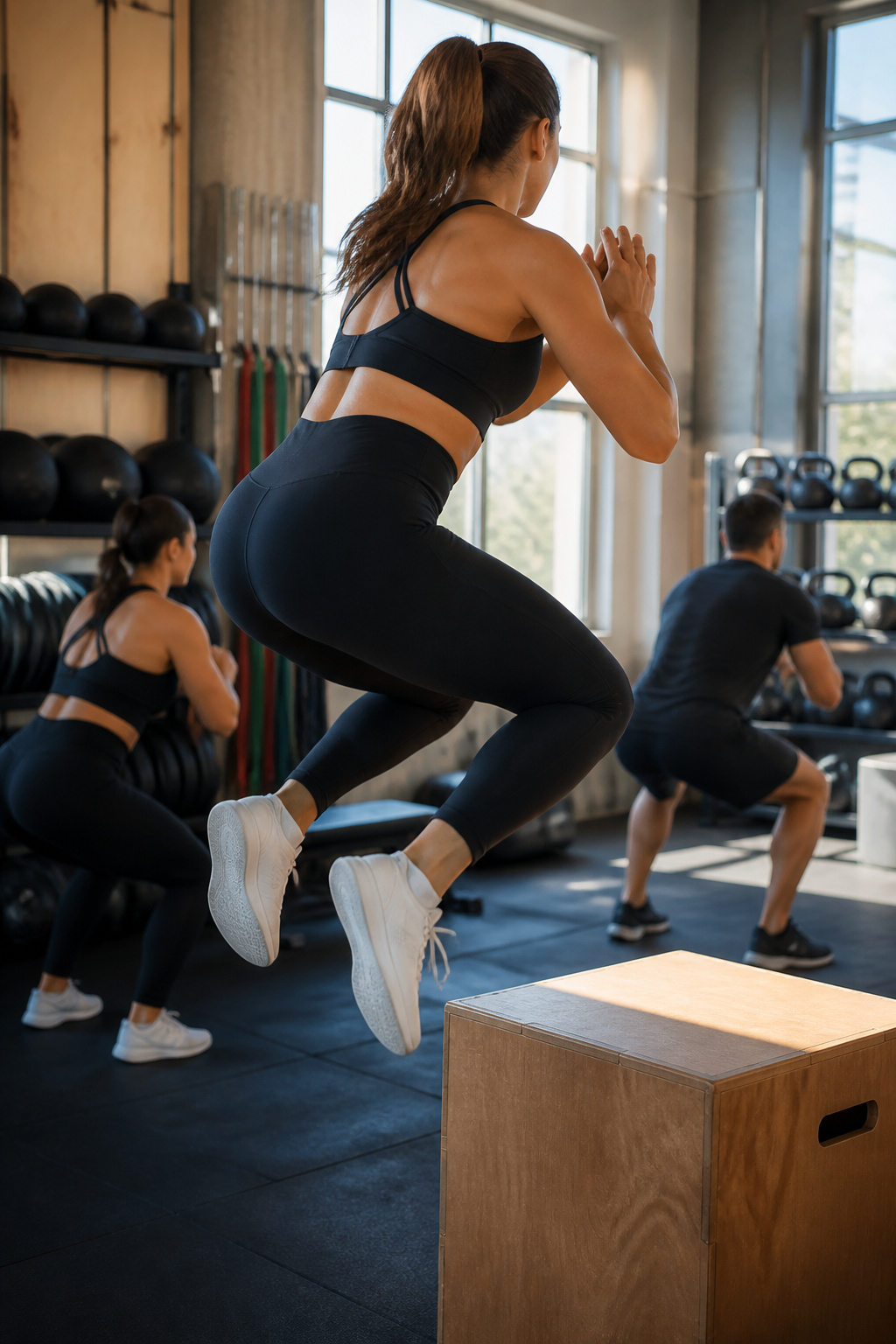 How to Get a Bigger Butt: 14 Steps for Building Glute Muscle 10 An athlete mid-air during a jump squat in a fitness studio.