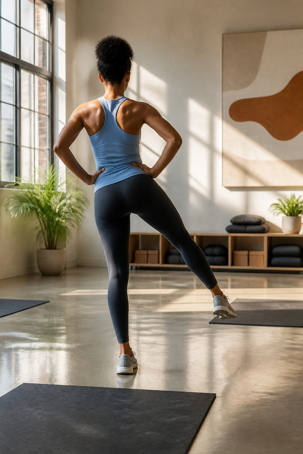 Individual performing hip circles while standing with hands on hips.