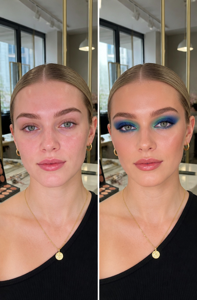 Model's eyes showcasing a blue and green gradient eyeshadow.