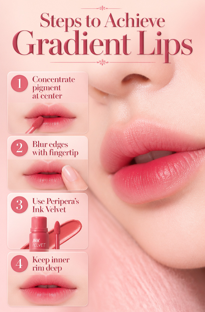 Instructions for creating gradient lips with Peripera Ink Velvet.