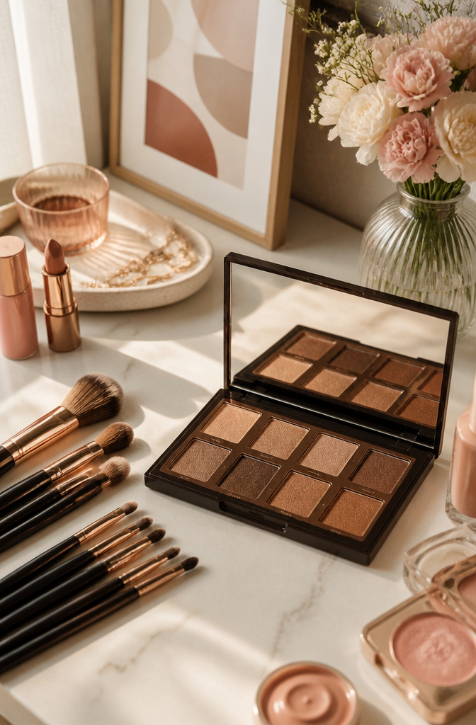 Flat lay of a classic brown eyeshadow palette and brushes.