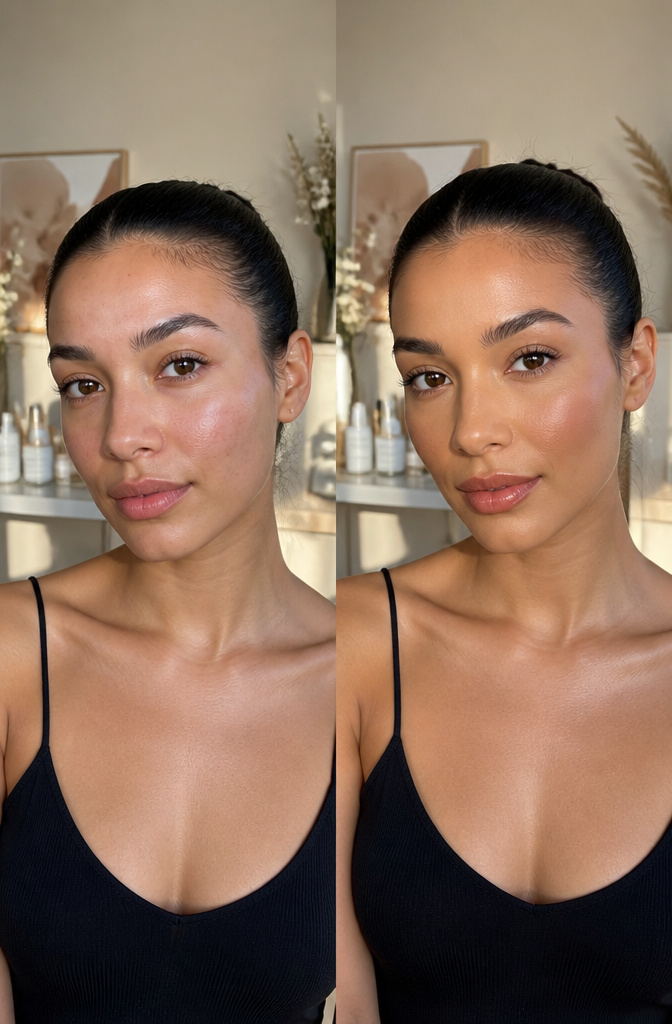 A model with a hybrid skin makeup finish.