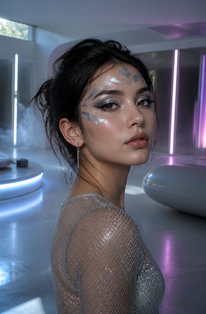11 Makeup Girl Aesthetic Styles Set to Define 2026 11 Model with futuristic makeup and geometric shapes in a modern setting.