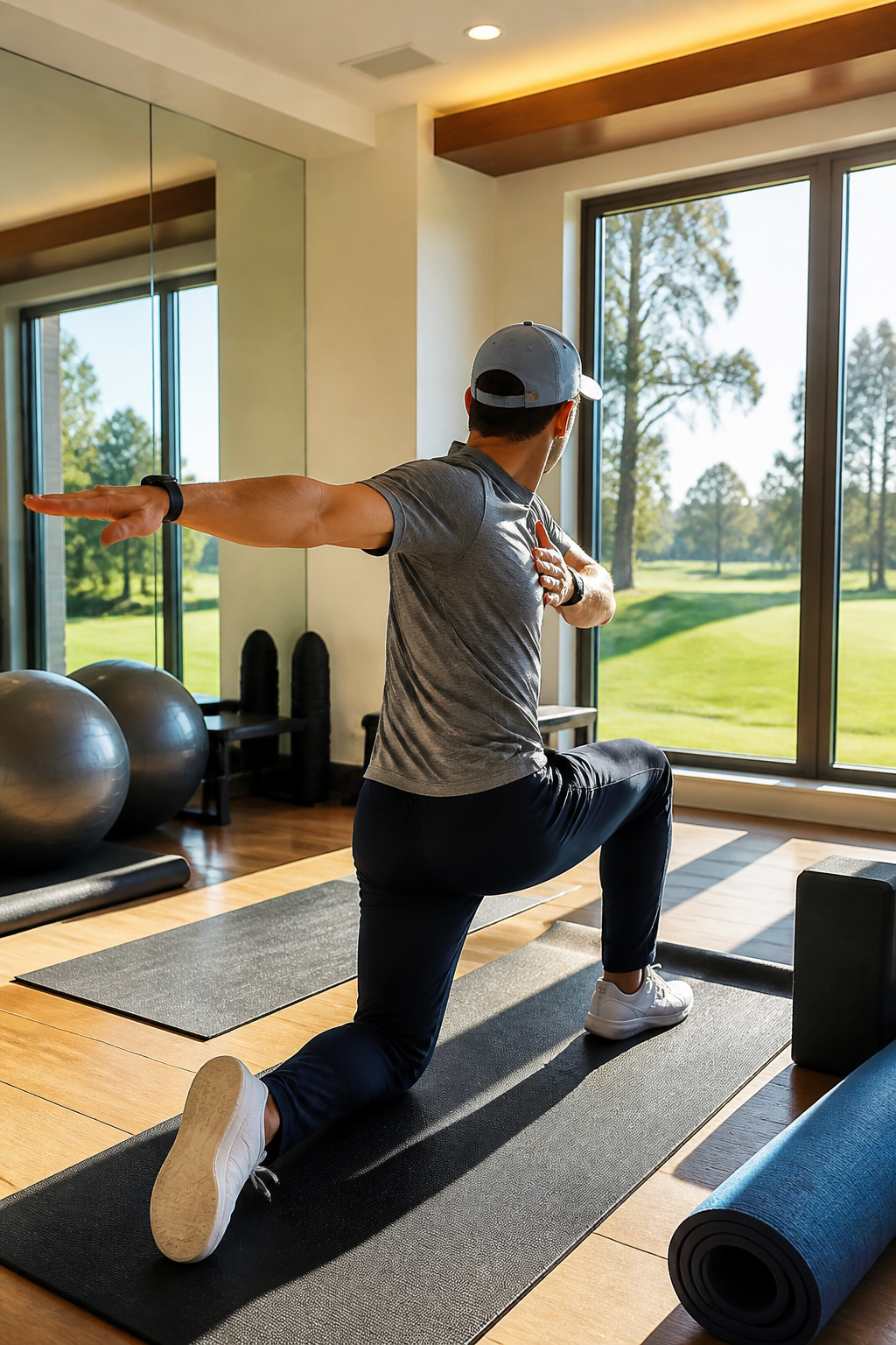 Golfer engages in shoulder stretches for better flexibility.
