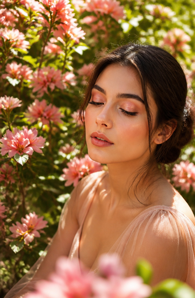 A model showcasing rose gold shimmer eyeshadow in a garden.
