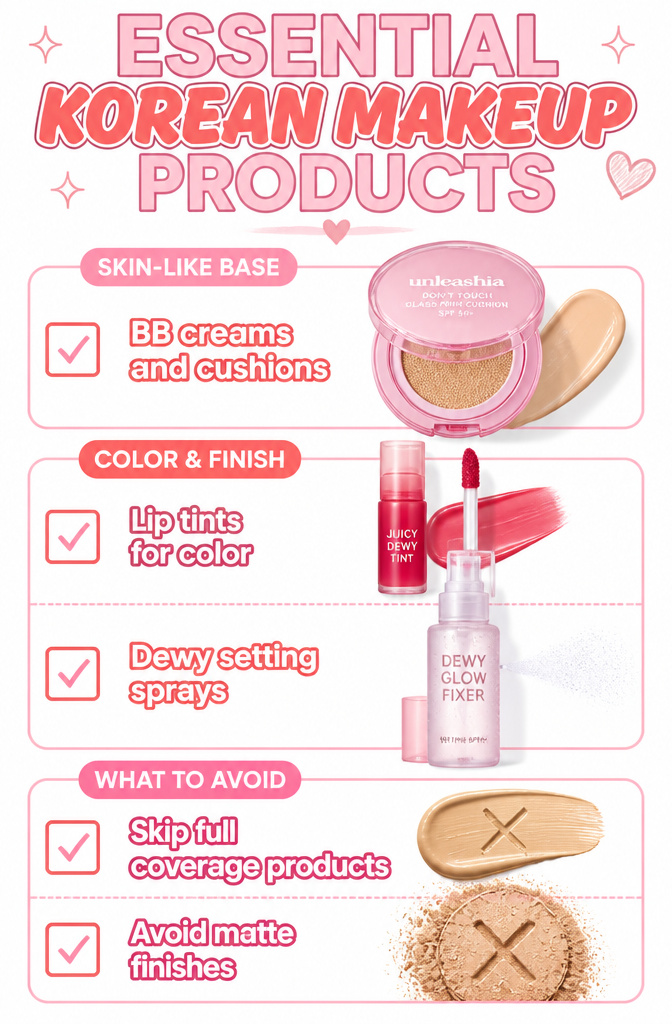 Image of essential Korean makeup products including BB creams and lip tints.