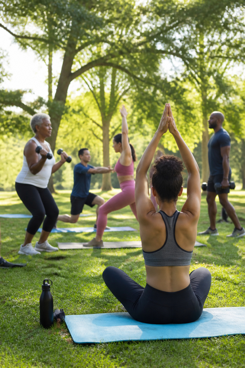 People of various ages engaged in a fitness class in a park.