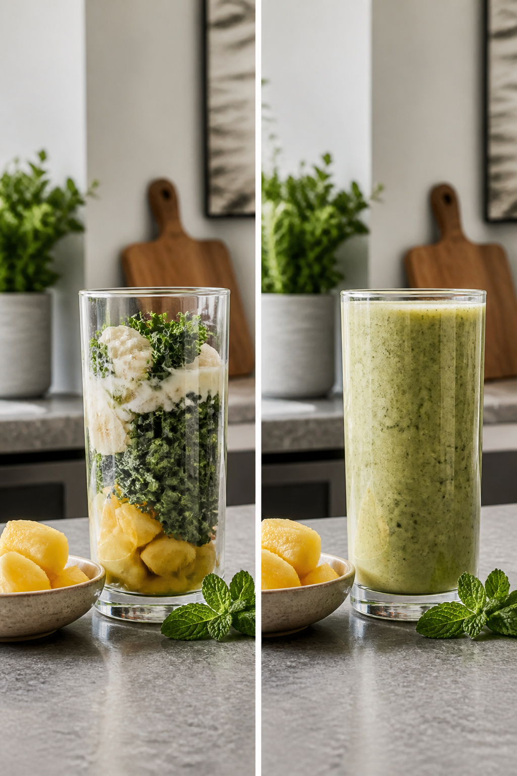 Fat-Burning Smoothie with kale and pineapple in a glass on a wooden table.