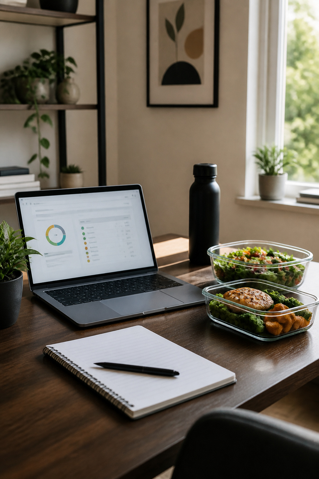 Laptop open to a food logging app next to healthy meal containers.