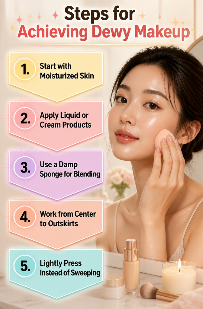 How to Achieve a Dewy Makeup Look: 7 Steps for 2026 11 Diagram showing application techniques for dewy makeup.