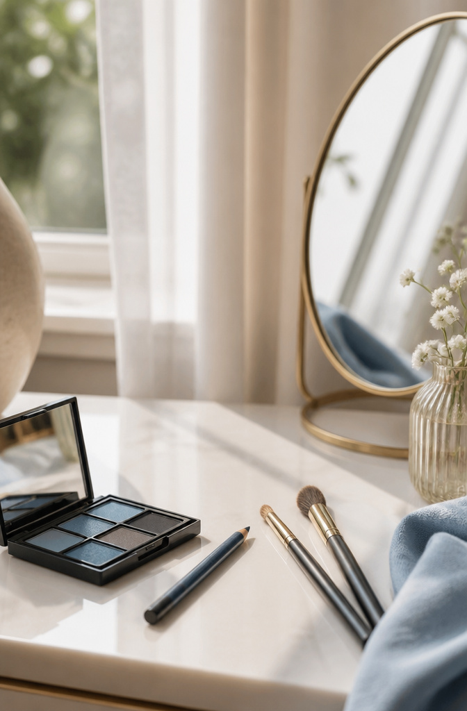 Model's eyes enhanced with denim blue eyeshadow in a bright room.