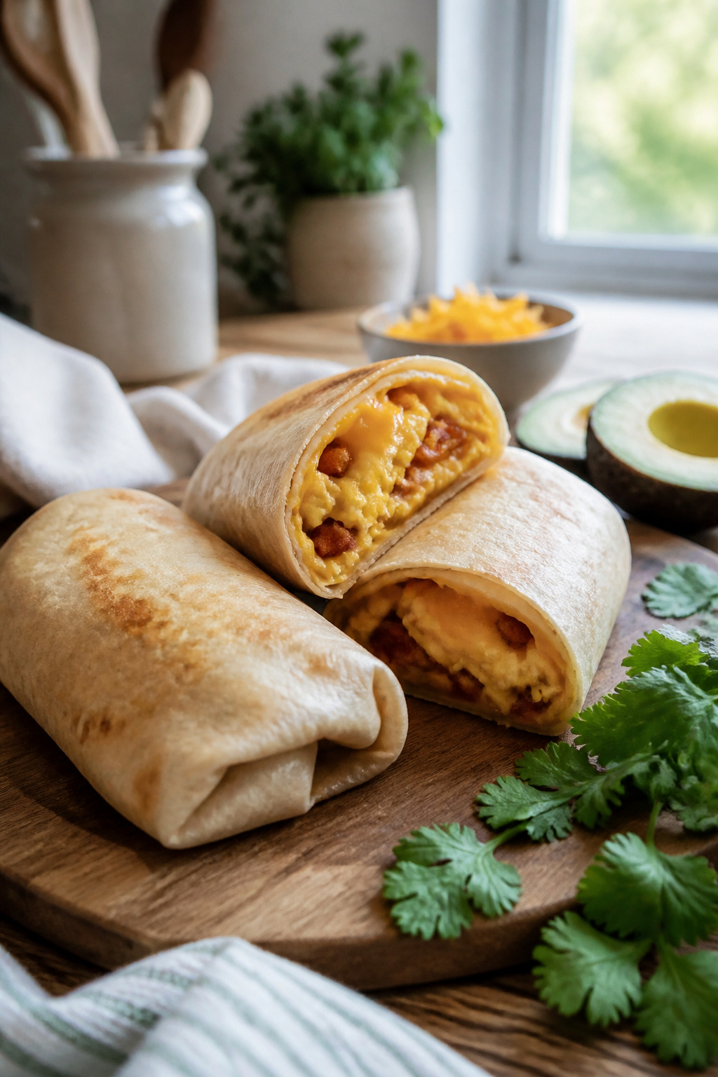 Keto breakfast burritos with eggs, bacon, and avocado on a cutting board.