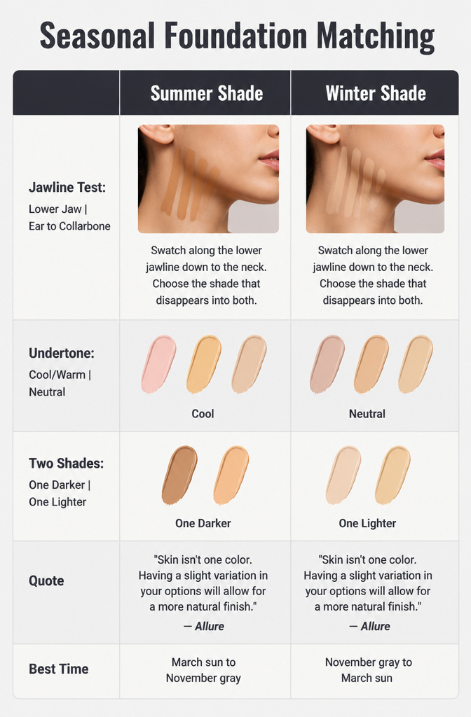 10 Steps to a Flawless Makeup Look (2026 Guide) 12 An image showing seasonal foundation matching techniques.