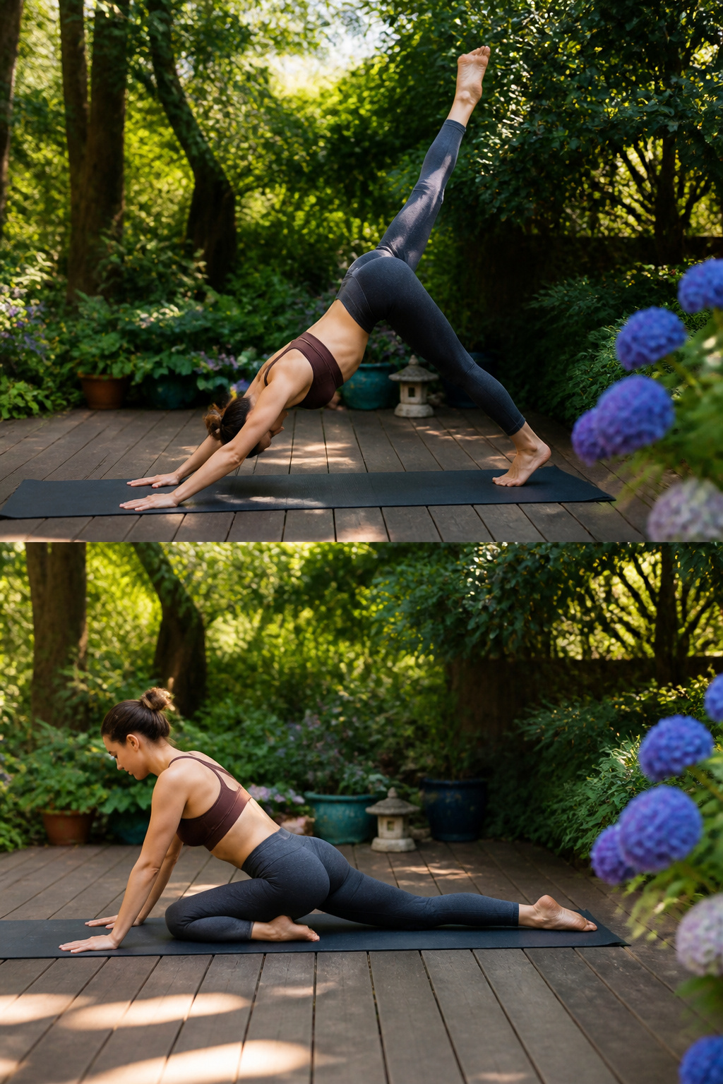Individual moving from single-leg downward dog to pigeon pose outdoors.