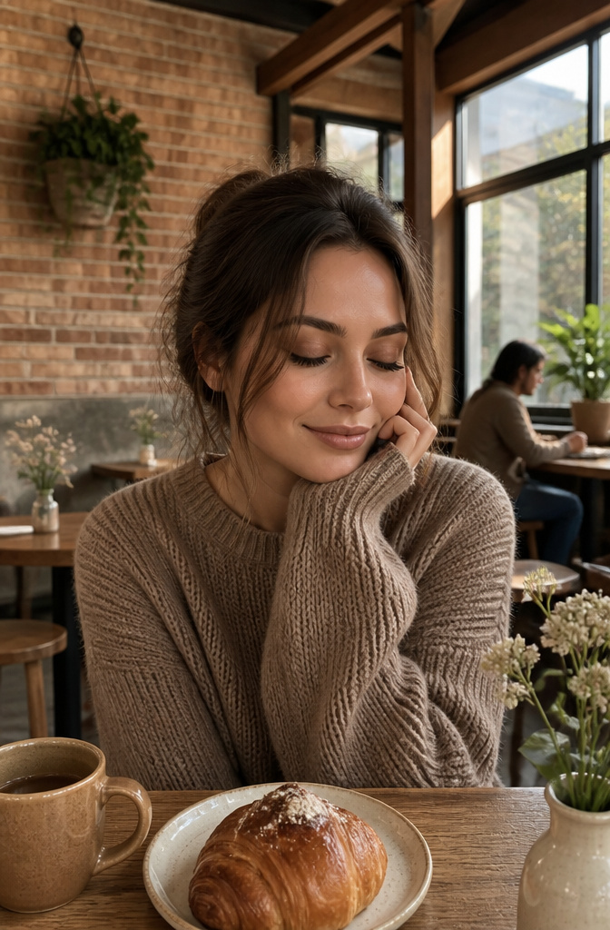 A model with soft coffee-toned eyeshadow in a café setting.