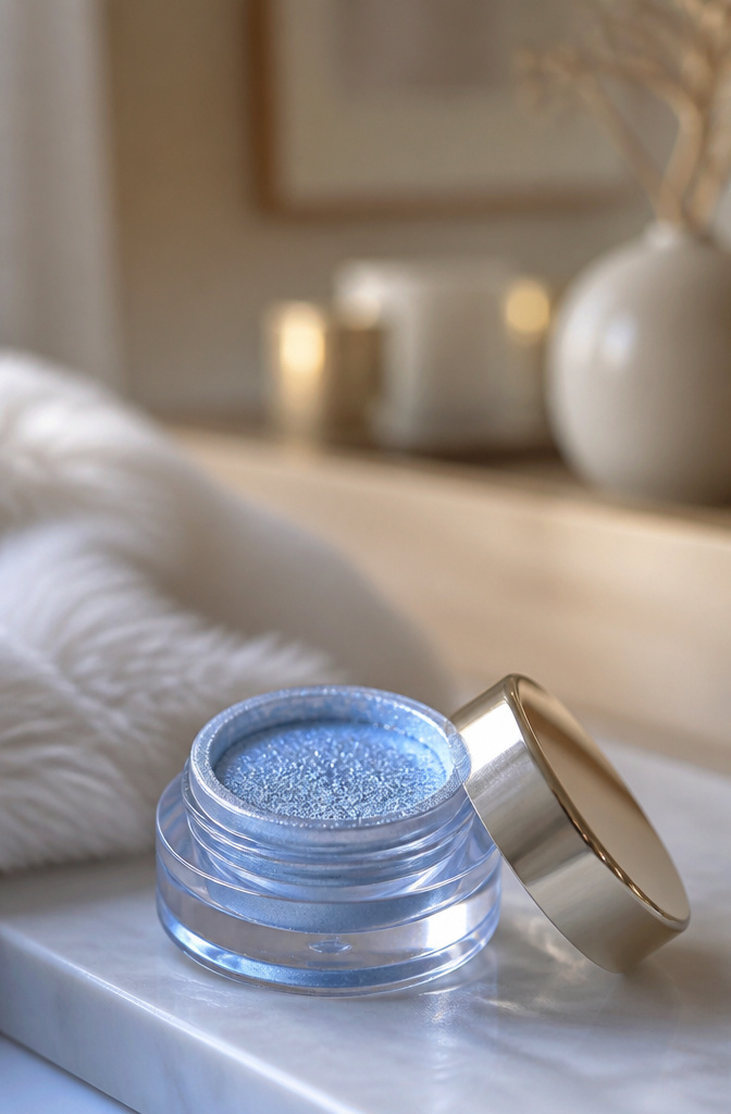 Model showcasing icy blue eyeshadow on her eyelids.