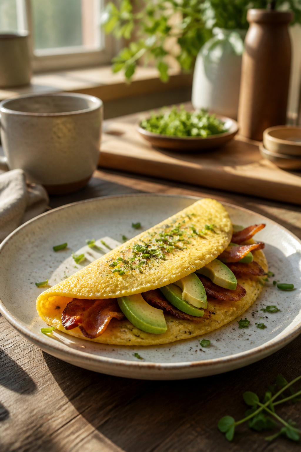 Omelette with avocado and bacon, served on a hand-crafted ceramic dish.