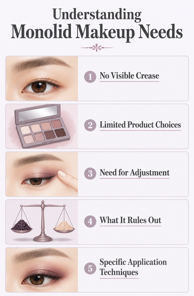 Visual representation of monolid eyes lacking a visible crease.