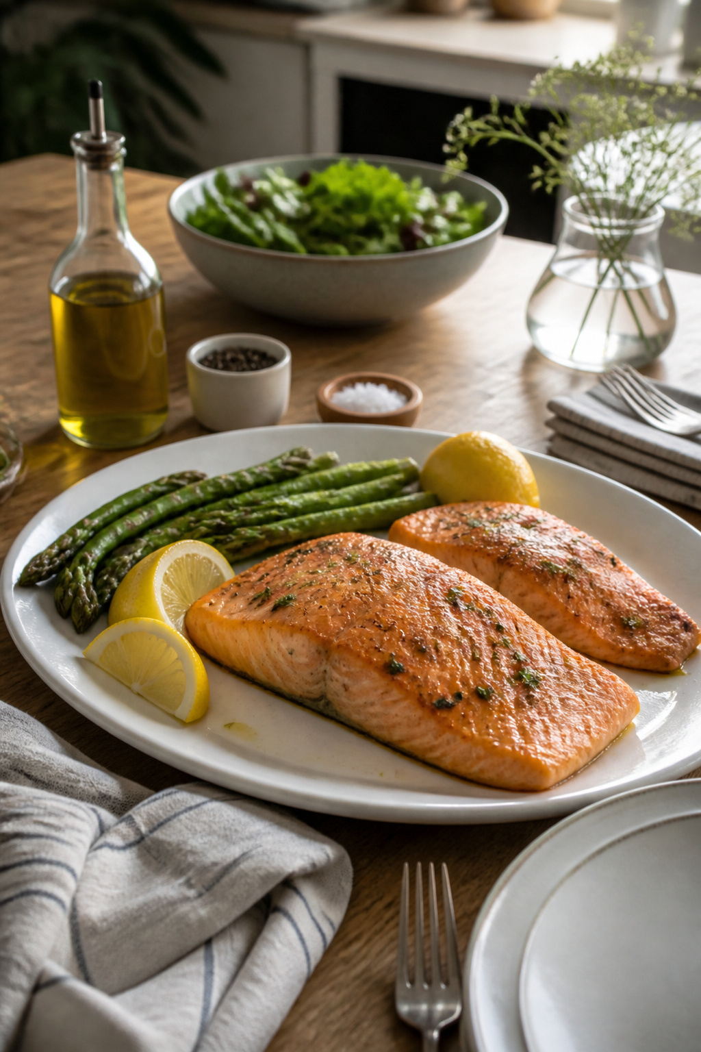 Platter of grilled salmon with herbs, asparagus, and lemon on a table.