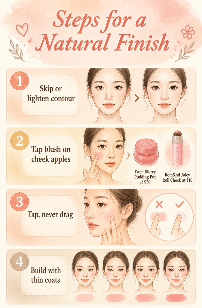 Infographic showing steps for a natural makeup finish.