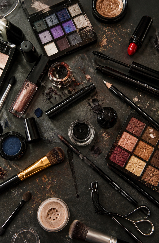 Products including eyeliner, mascara, and eyeshadow palette for rockstar makeup.