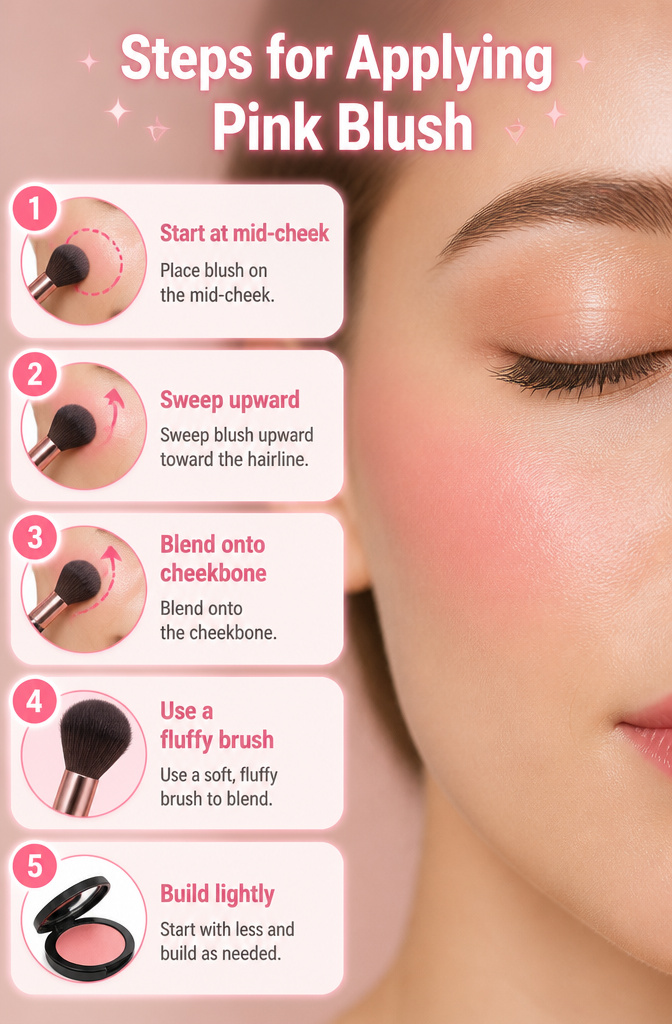 Pink Blush Makeup: 10 Best Products, Shades & Application for 2026 12 An instructional graphic showing steps for applying pink blush.