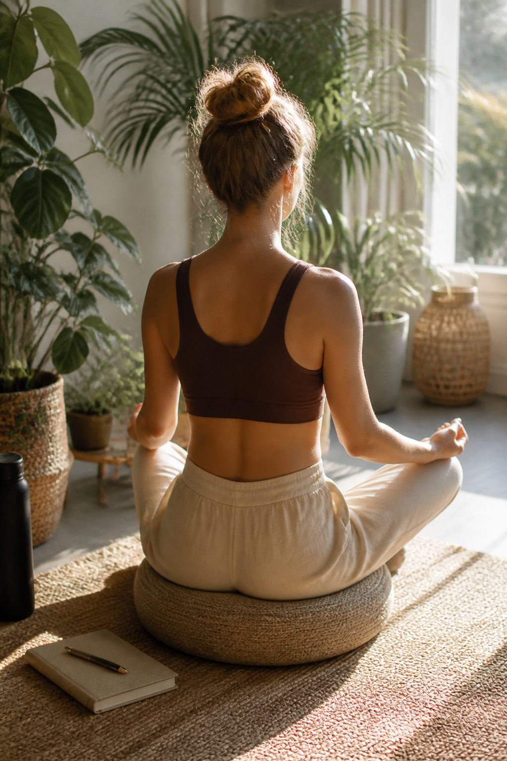 A woman meditating on a cushion surrounded by plants.