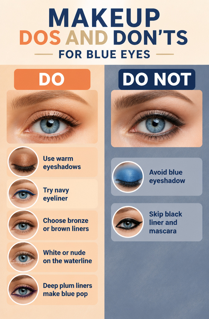 Visual guide on makeup dos and don'ts for blue eyes.