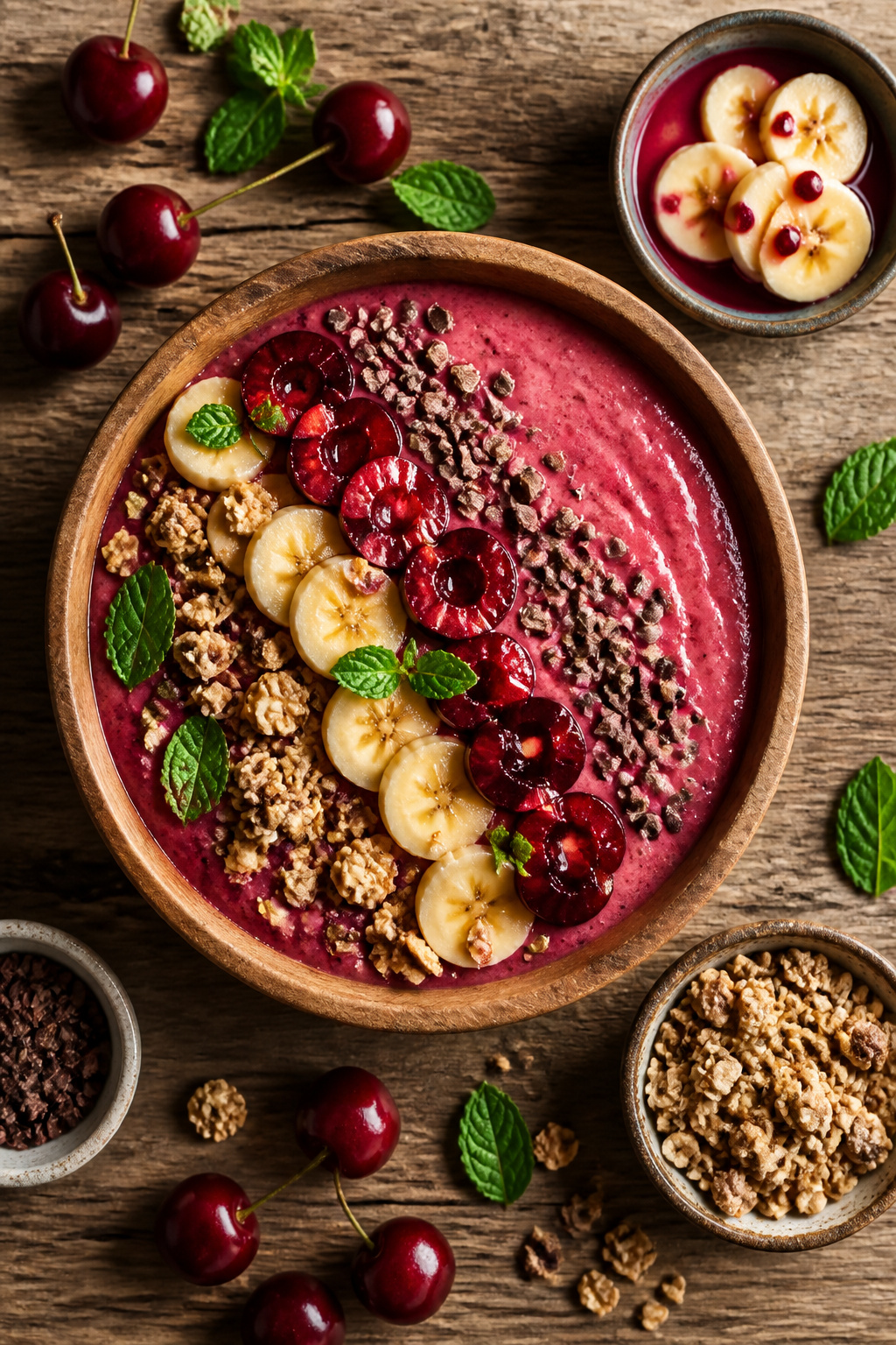 Chocolate-Covered Cherry Smoothie Bowl with cherries and cacao nibs on top.
