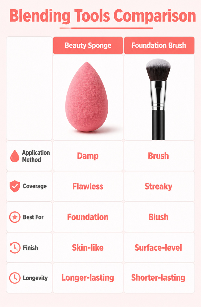 10 Steps to a Flawless Makeup Look (2026 Guide) 13 Various blending tools including a beauty sponge and brushes.