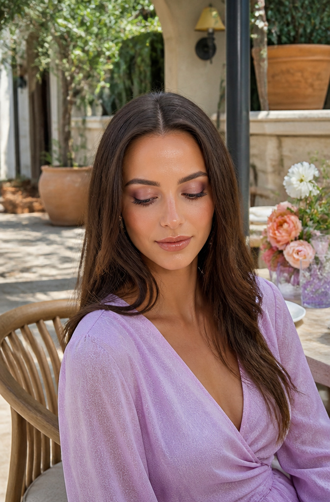 A model with soft purple eyeshadow in a charming outdoor setting.