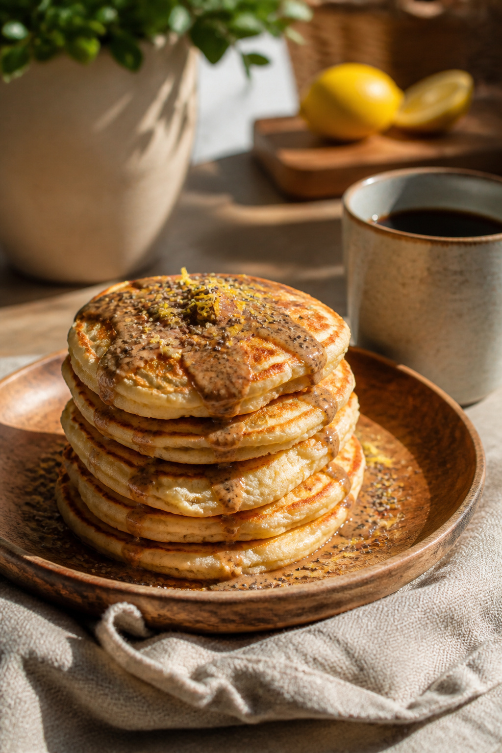 Fluffy ricotta and almond pancakes with lemon zest on a rustic plate.
