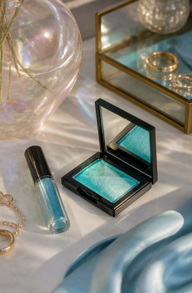 Model's eyelids shimmering with glossed turquoise eyeshadow.