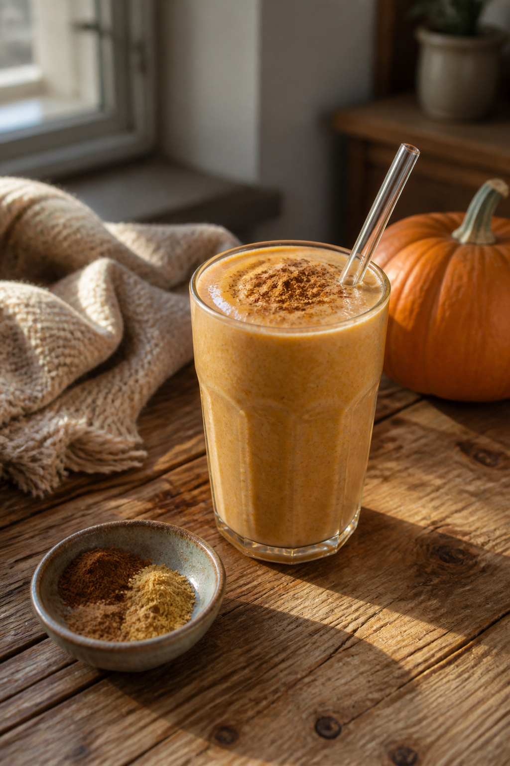 Pumpkin Pie Protein Smoothie in a rustic glass with spices on the table.