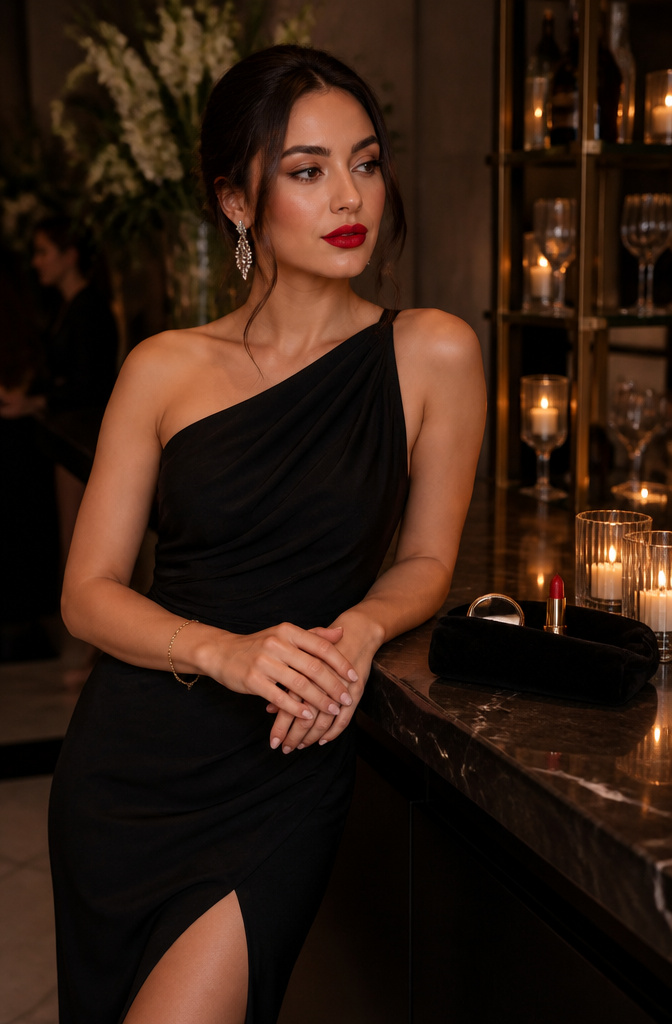 Bridesmaid with a red lip in a wedding setting.