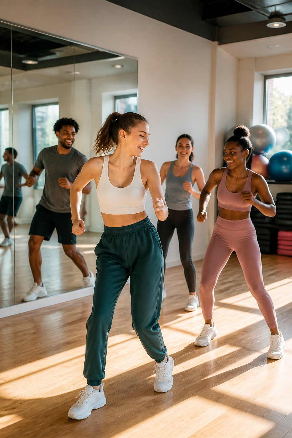 A group of friends dancing in a bright studio filled with mirrors.