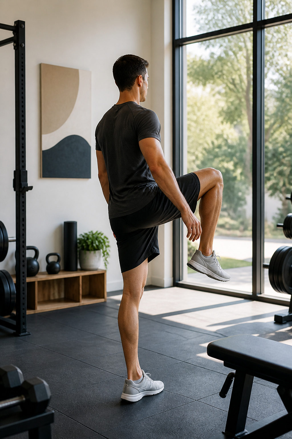 Individual demonstrating standing hip controlled articular rotations.