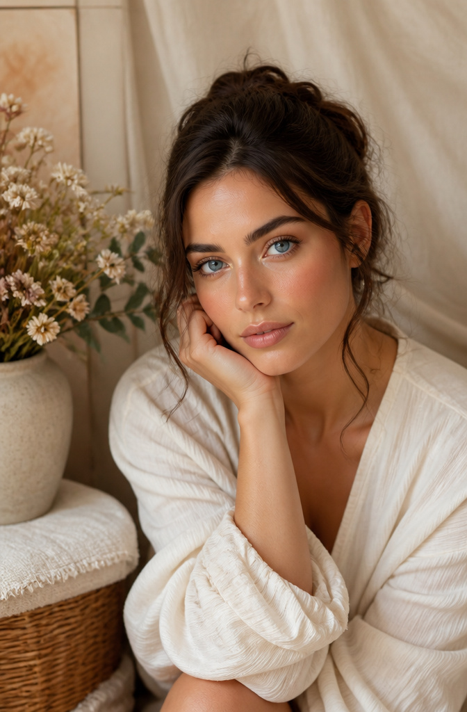 Woman applying peach-toned concealer under her eyes.