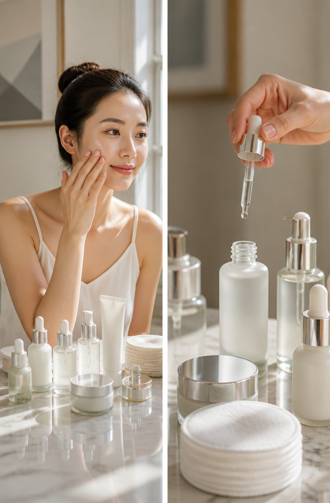 Image illustrating a Korean skincare routine before makeup application.