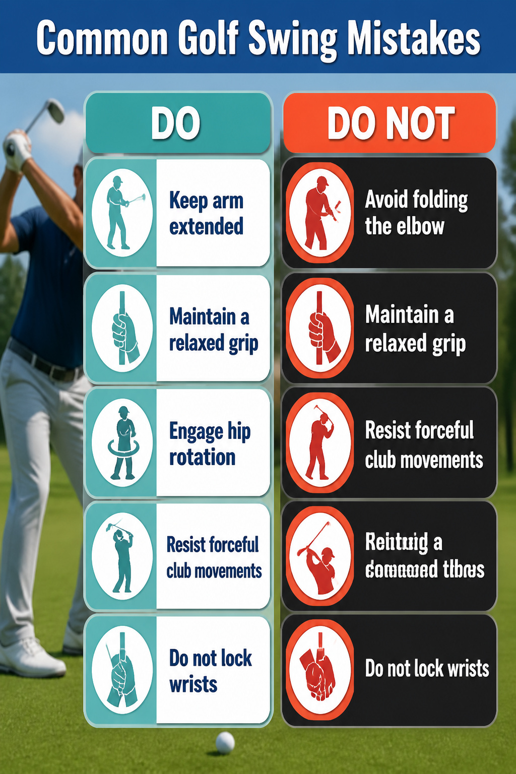 Information image lists common golf swing mistakes.