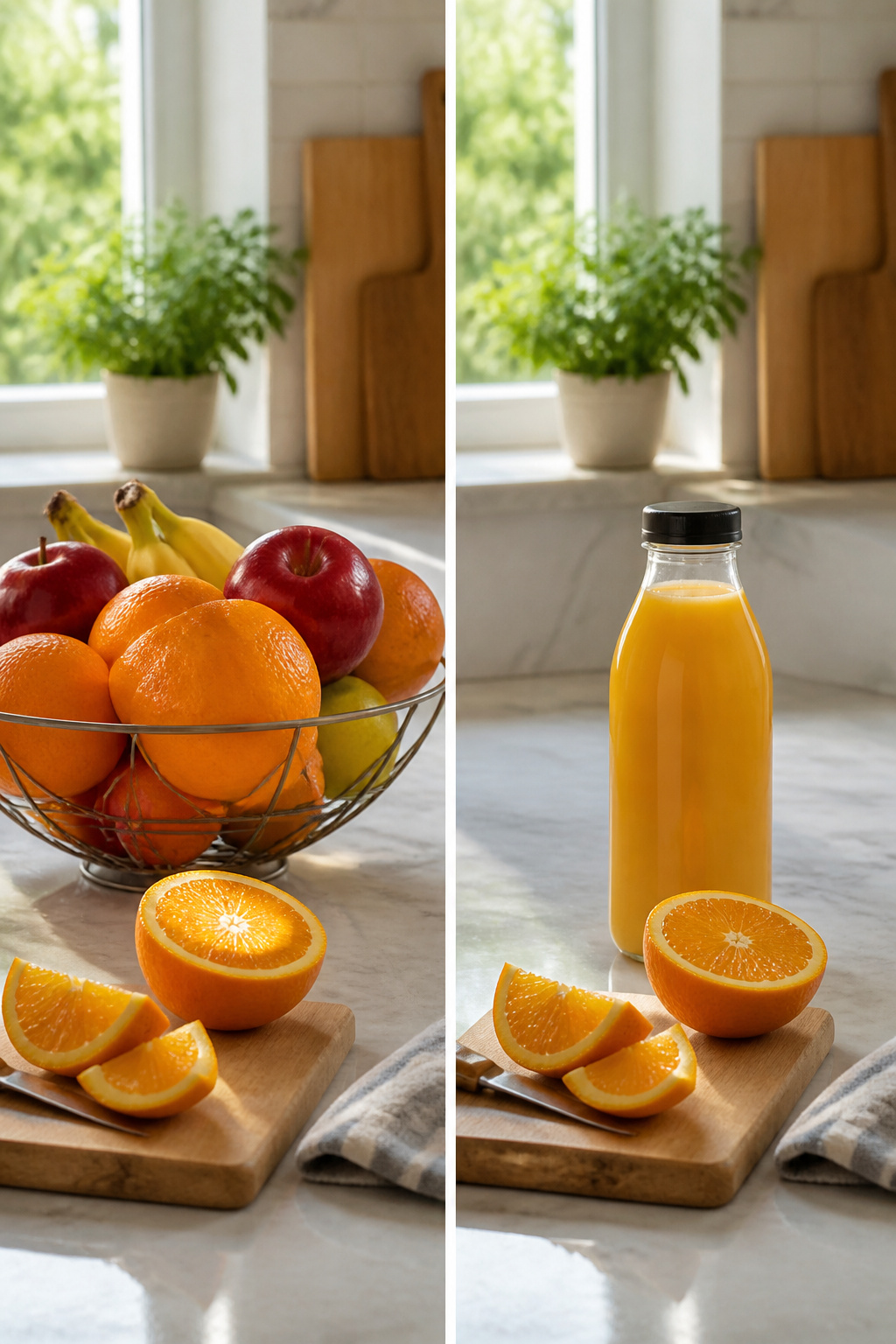 A glass of orange juice next to whole oranges on a kitchen counter.