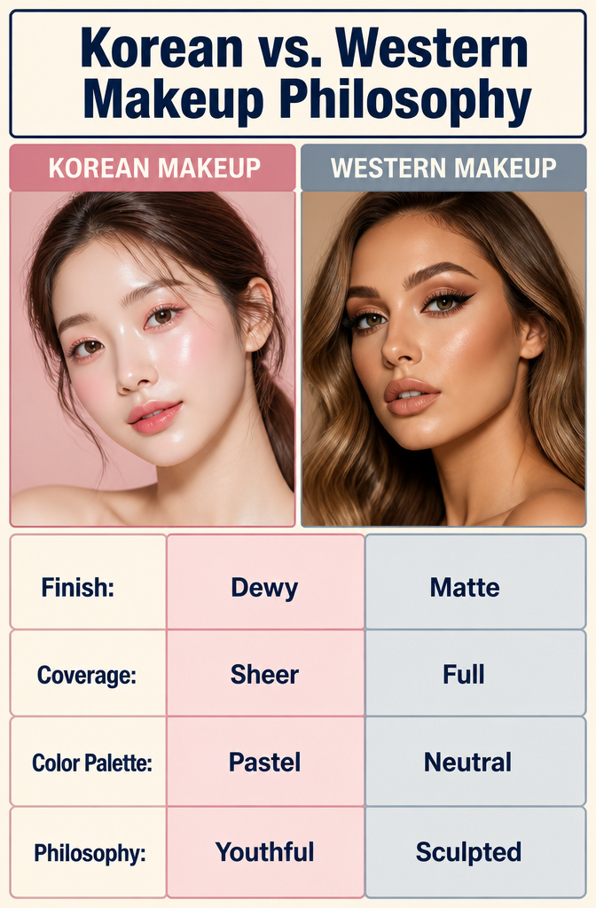 Comparison image showing Korean and Western makeup philosophies.