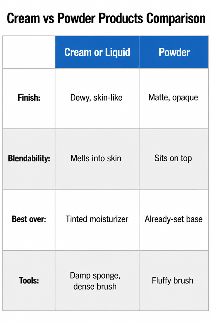 A comparison image of cream and powder makeup products.