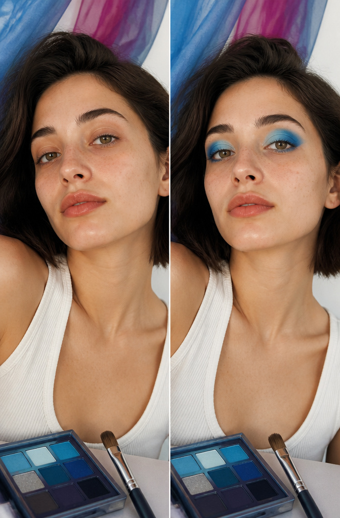 Model's eyes featuring a two-tone blue eyeshadow look.