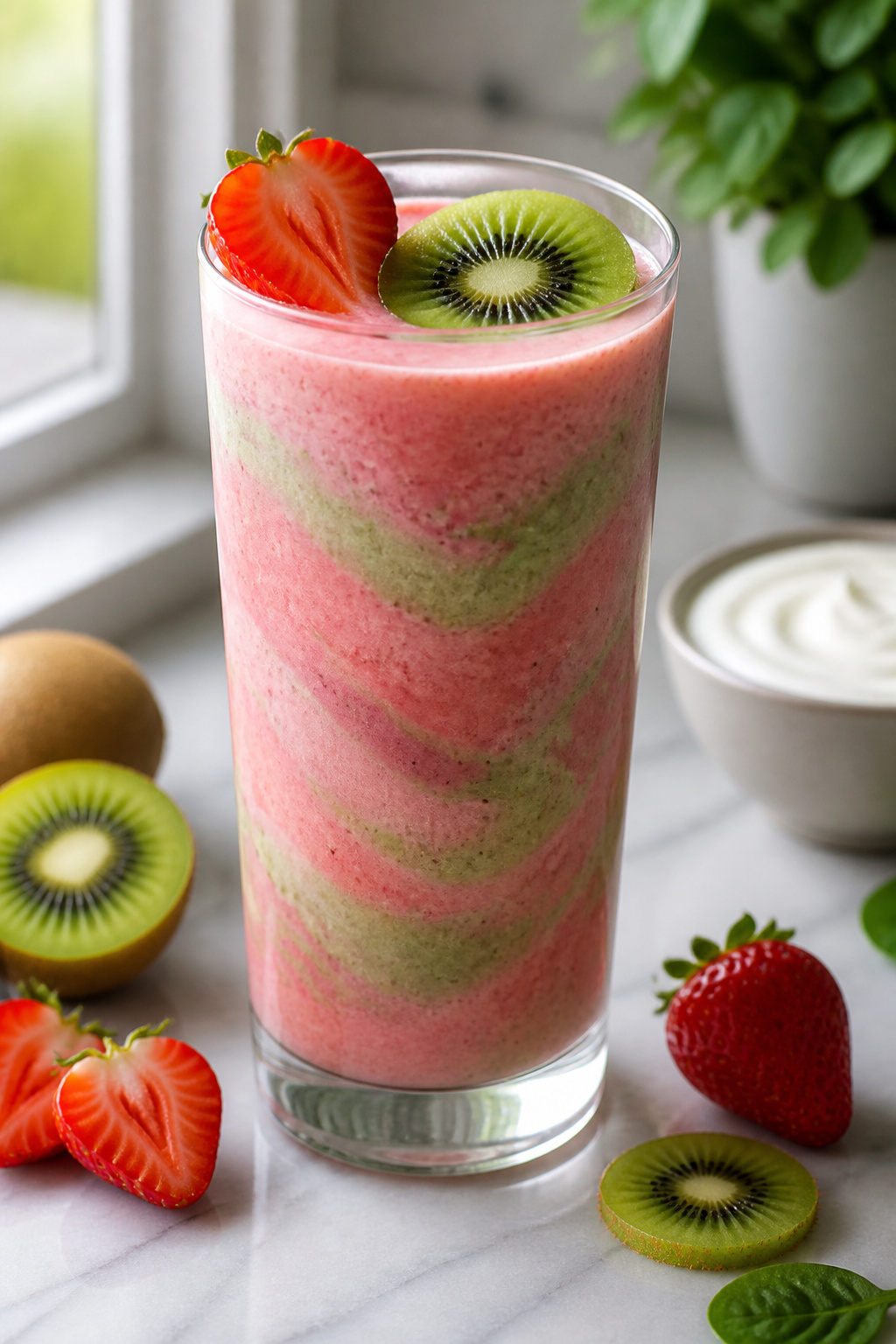 Strawberry Kiwi Metabolism Booster in a glass with fresh strawberries and kiwi.