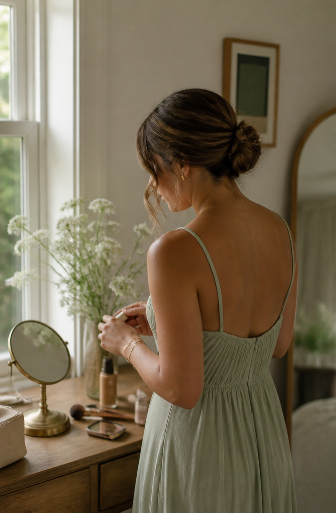 Bridesmaid with soft, smudged eye makeup in morning light.